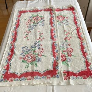 Floral Vintage Tea Towels/Small Table Runners with Red Border, Set of 2